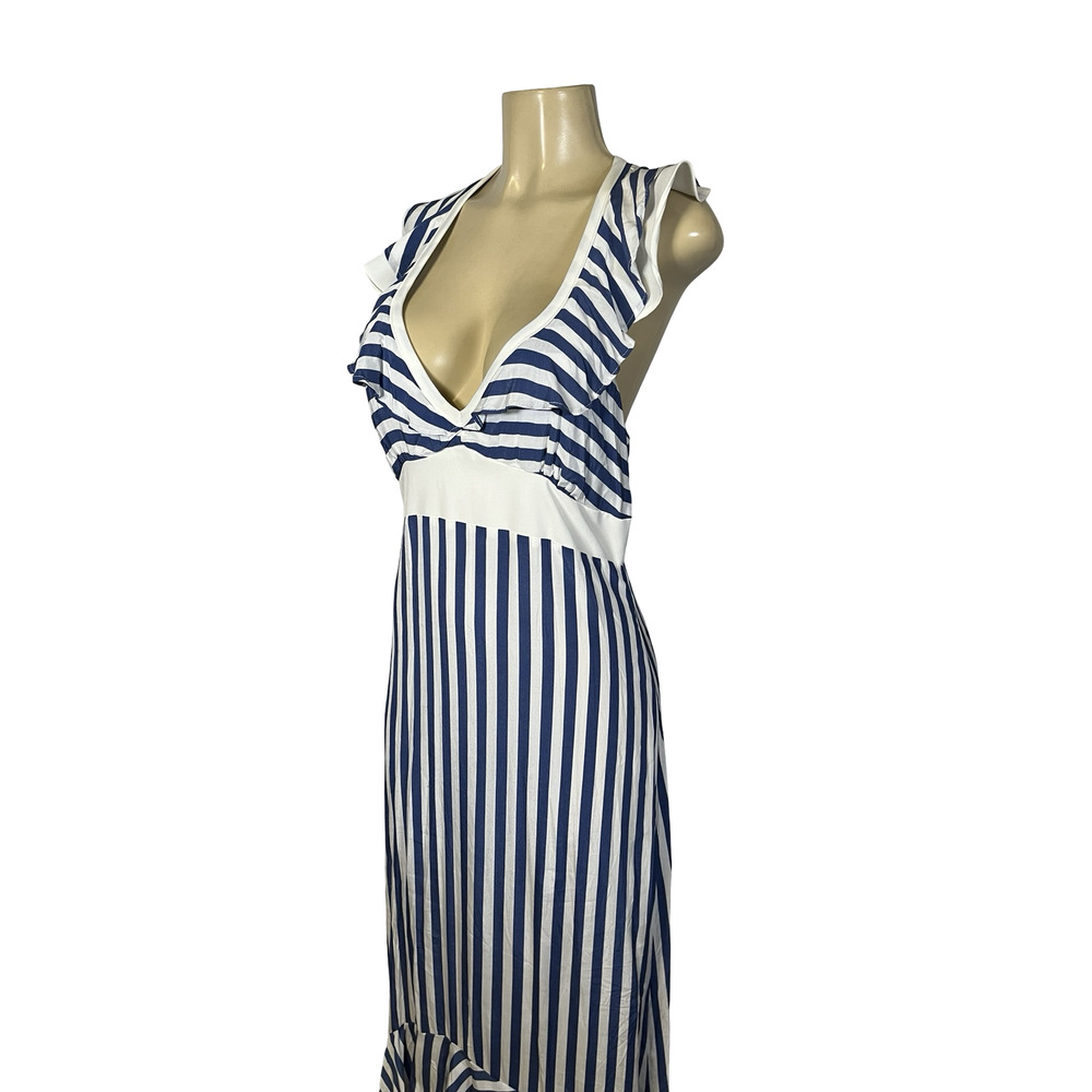 Larke Anthropologie Dress Womens 10P‎ Navy White Striped Maxi Ruffle Sundress